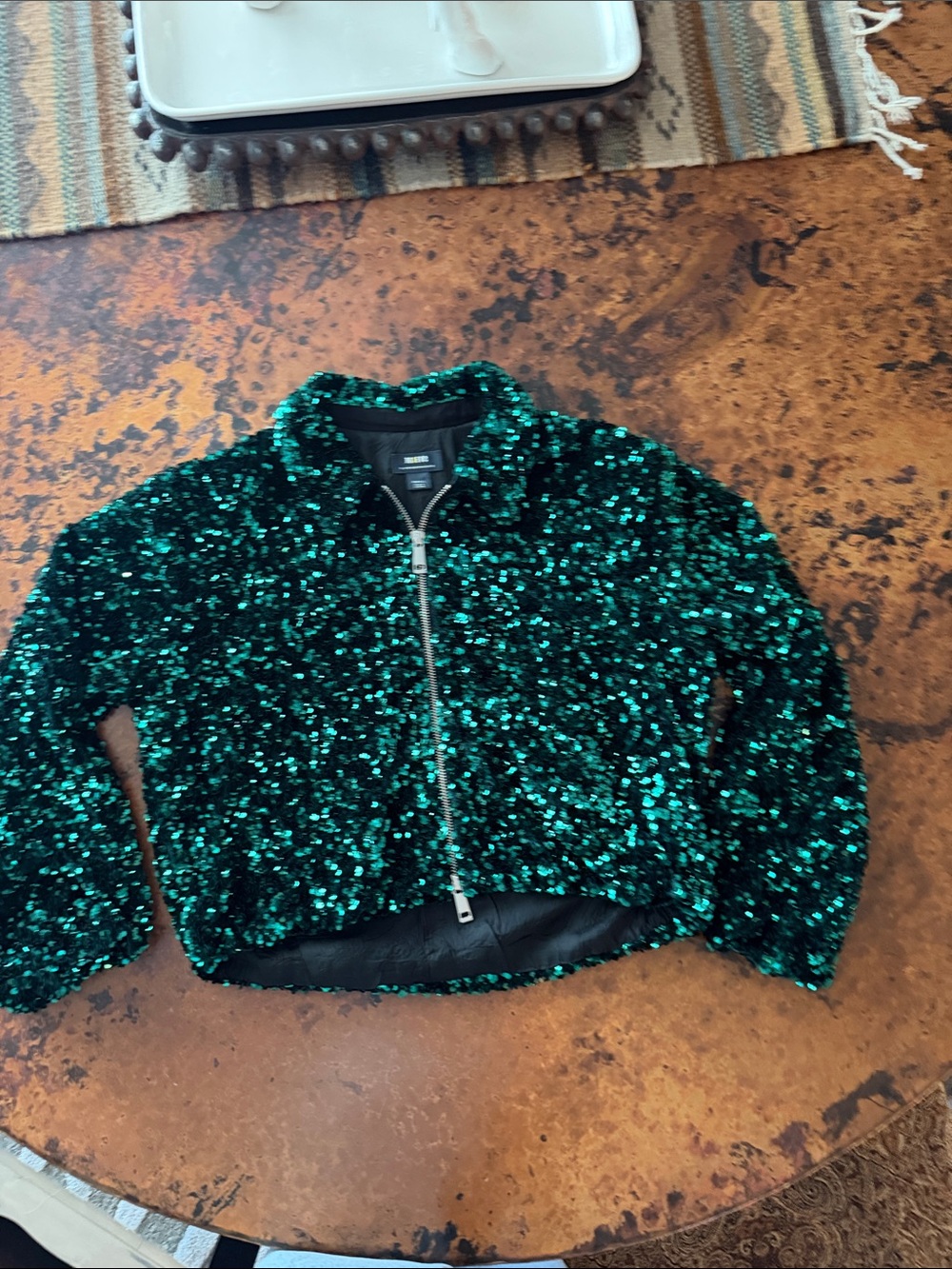 Maeve Emerald Green Sequin Utility Jacket